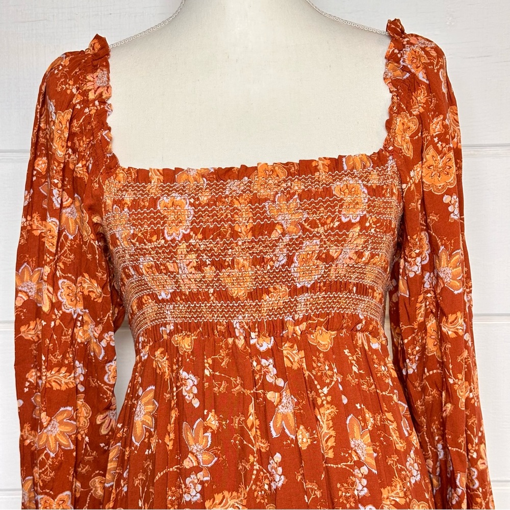 Free People NWT Sweet Escape Long Sleeve Dress Smocked in Mocha Floral Sz Small - Picture 3 of 13